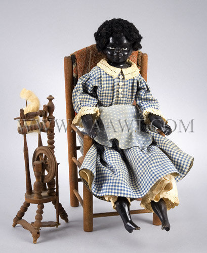 Antique Doll, African American Girl, With Spinning Wheel, entire view
